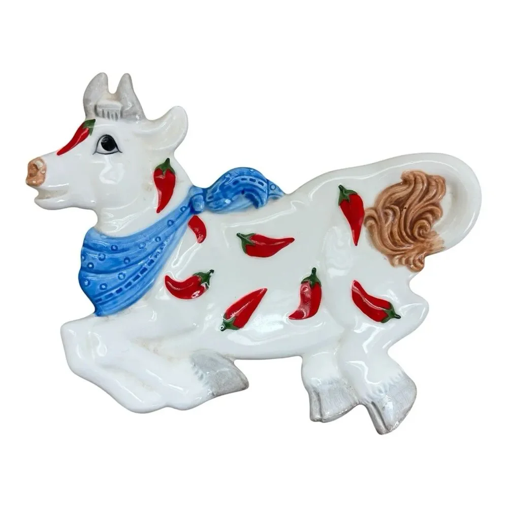OTAGIRI Vintage Cow Chili Pepper Ceramic Spoon Rest WallHanging Figurine 7